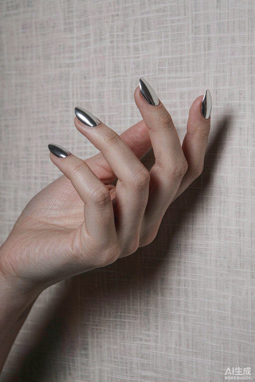 Mirror silver chrome short almond nails over cream linen