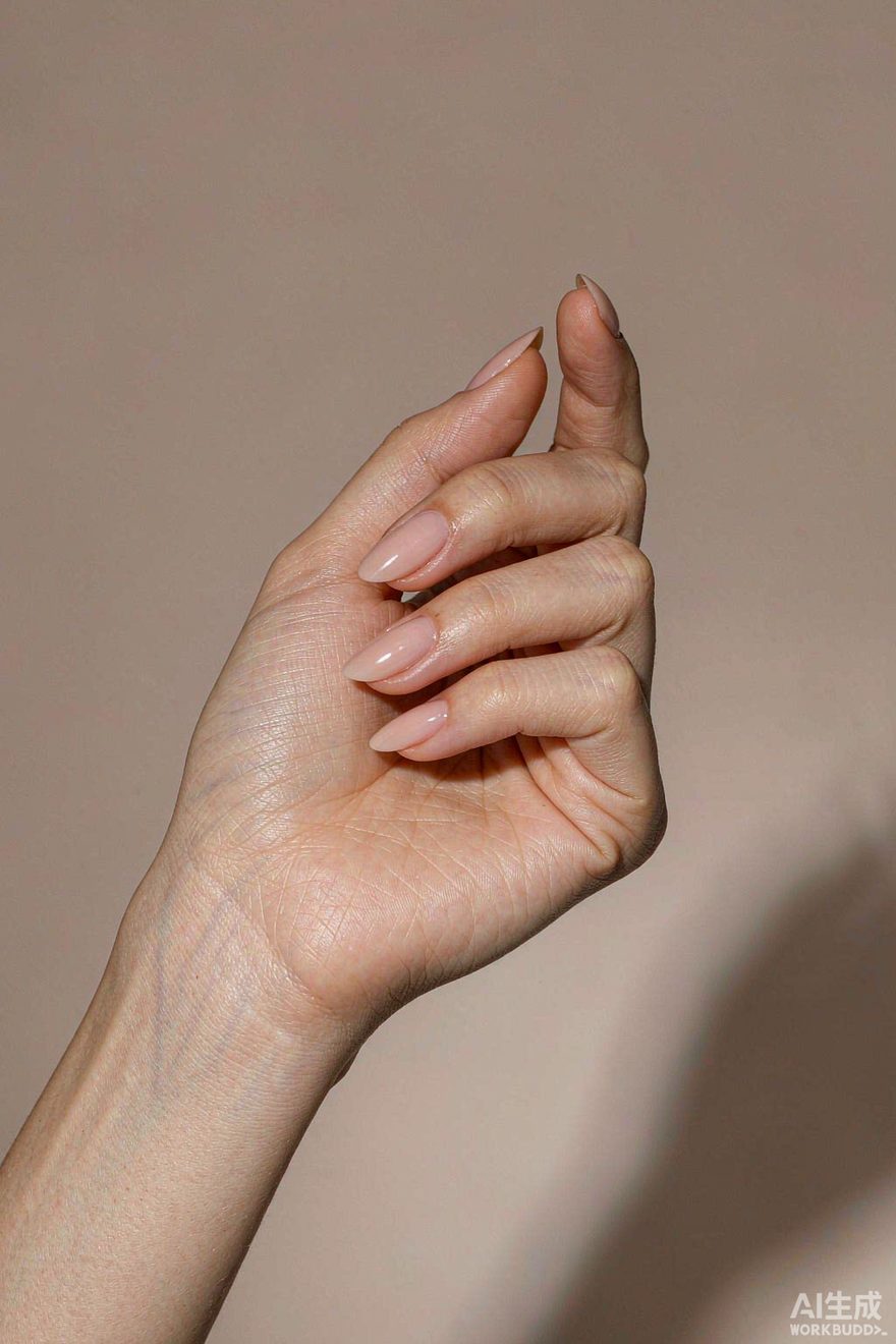 Sheer nude glossy almond manicure on a hand, clean girl aesthetic
