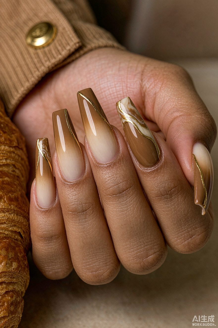 Cappuccino mocha brown gradient coffin nails with thin gold line