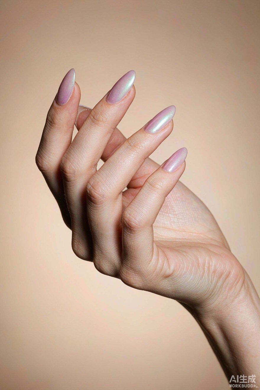 Iridescent pearl oval nails shifting between pink lilac and mint