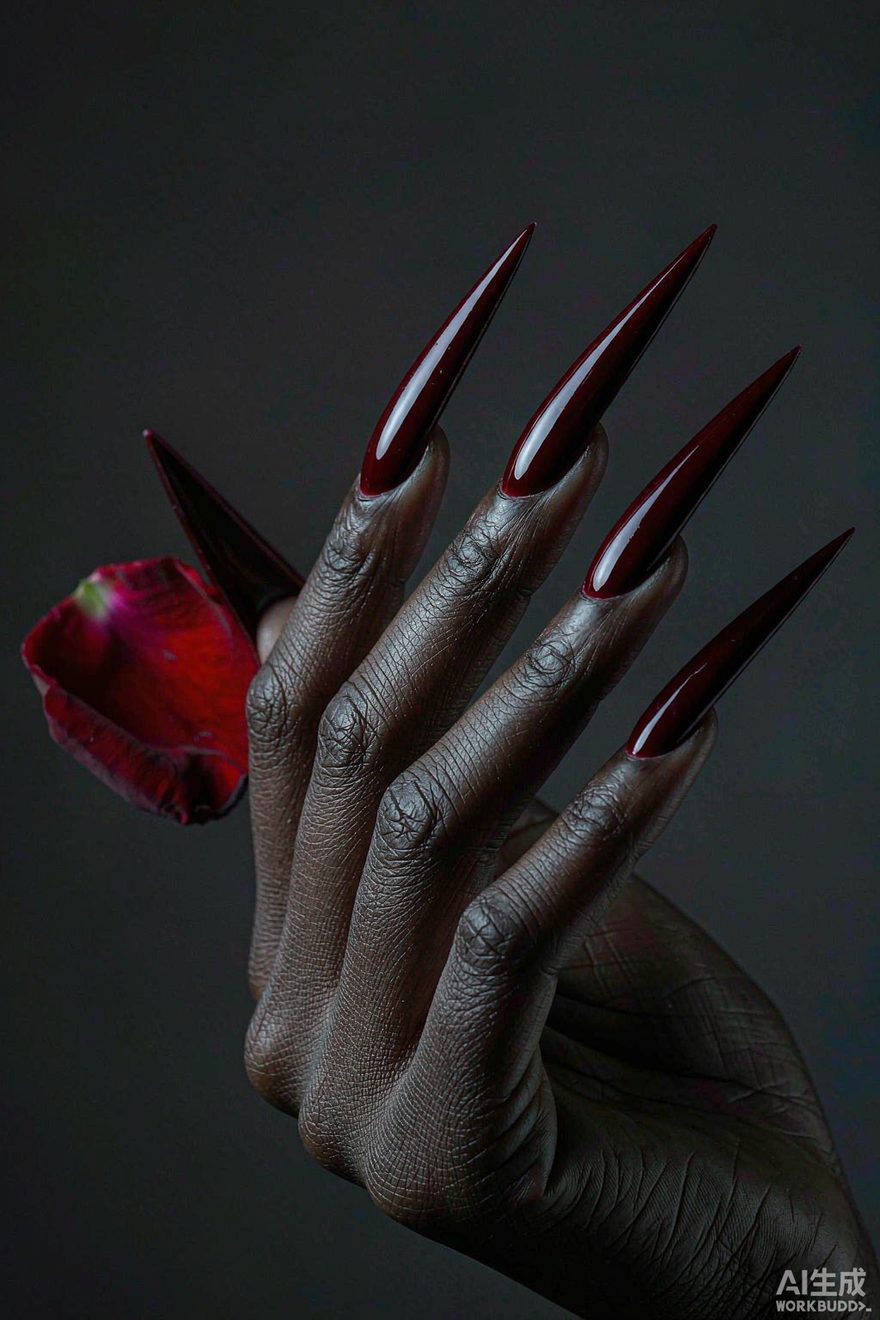 Deep cherry red high gloss stiletto nails with a rose petal