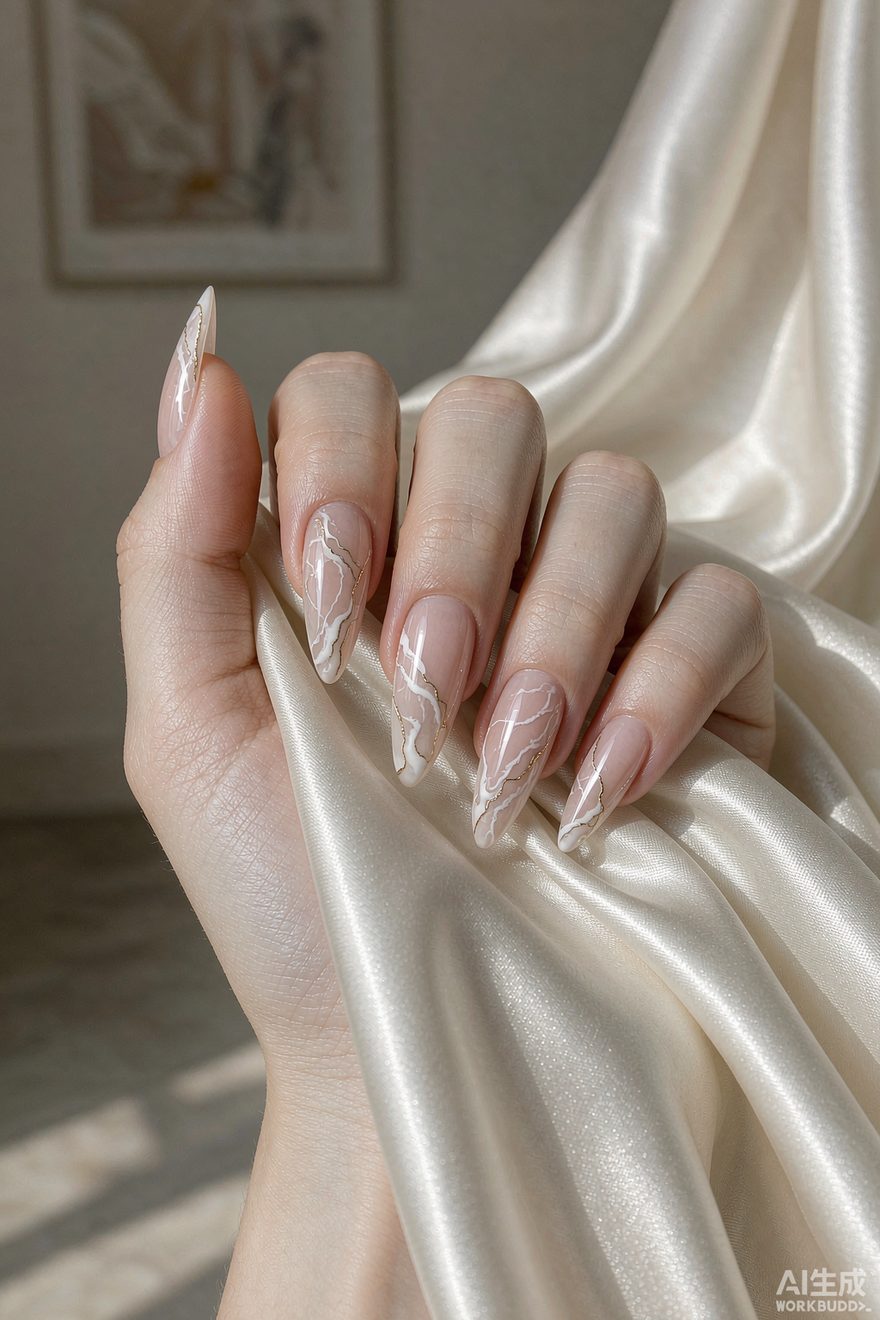 White marble art almond nails with thin gold veins