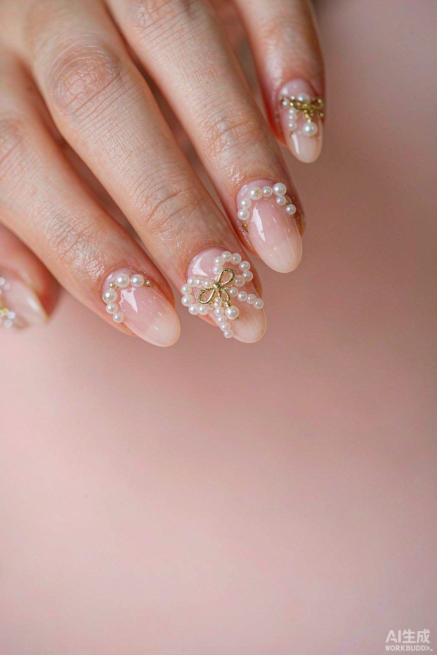 Sheer milky nails with three-dimensional pearl bows and gold charms