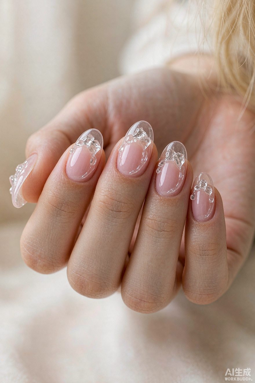 Sheer translucent jelly nails in milky pink with crystal layers