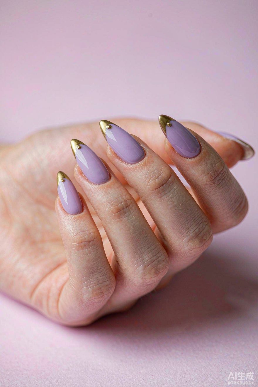 Lavender purple glossy almond nails with a tiny gold dot accent