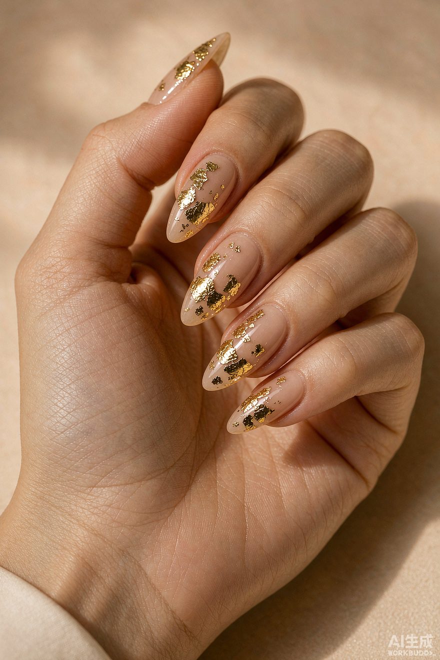Sheer nude nails with real gold foil flakes under a glossy top coat