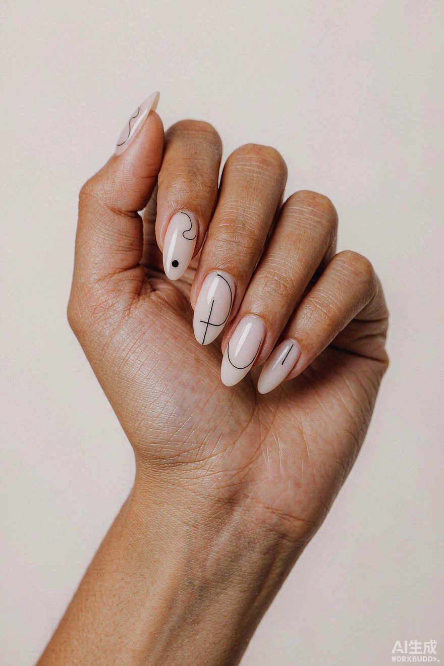 Minimalist abstract line art nails, thin black curves on milky white