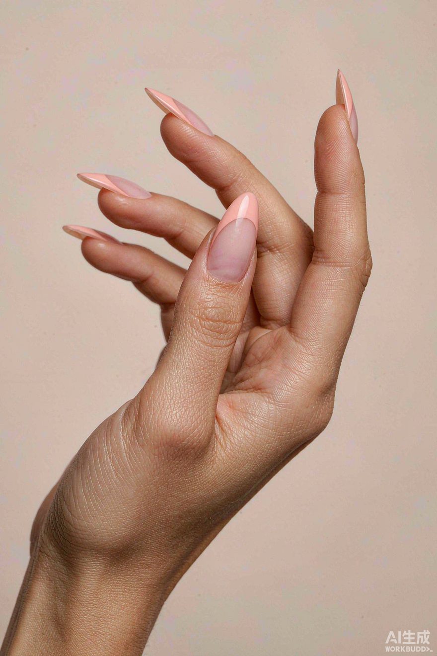 Reverse French tips with a soft peach smile line at the cuticle