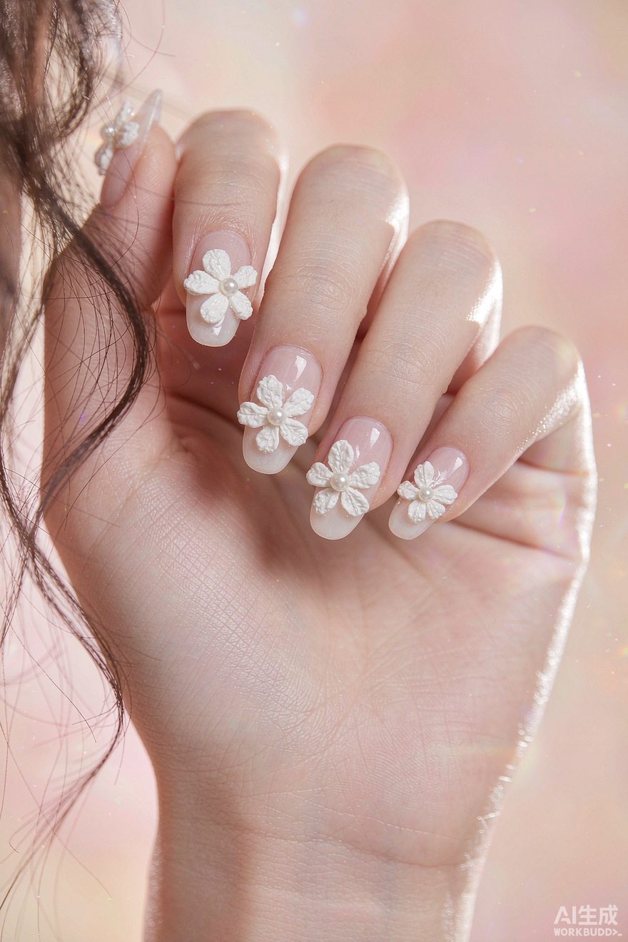Milky white nails with tiny three-dimensional white flowers and pearls