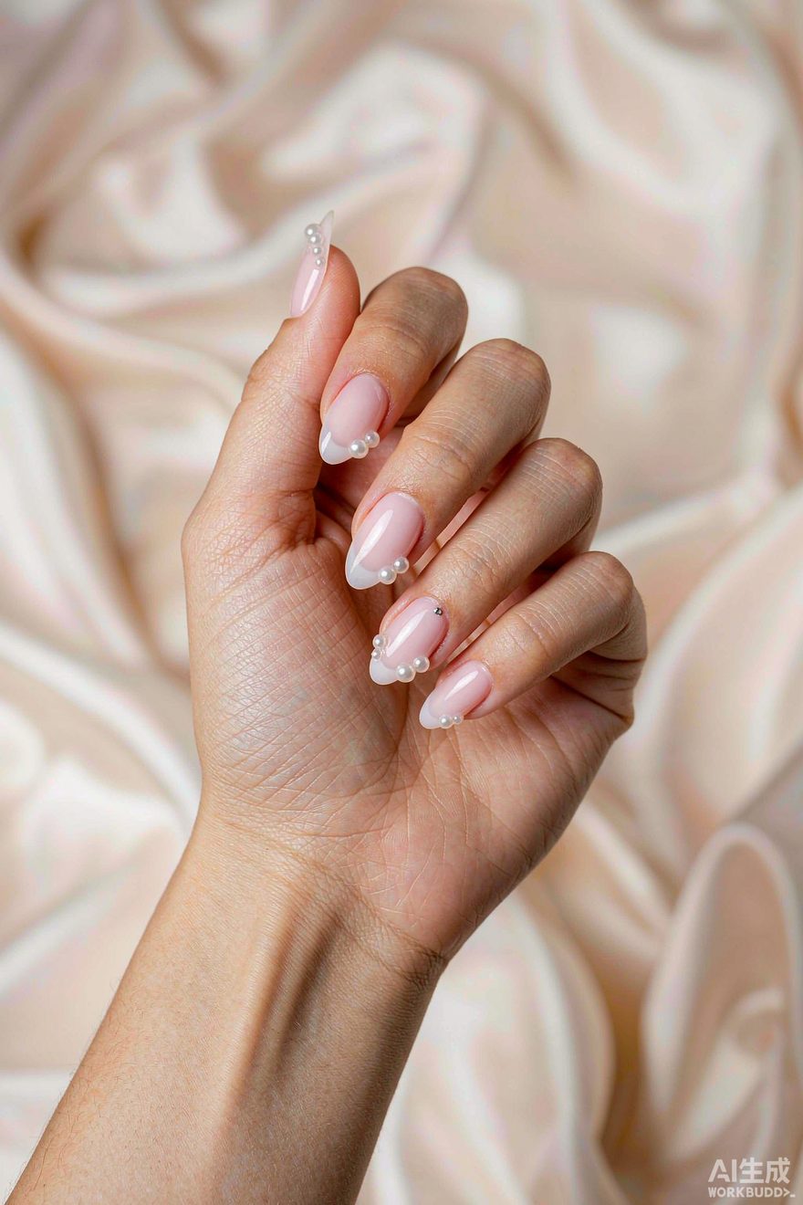 Pearly white French tips adorned with tiny freshwater pearls