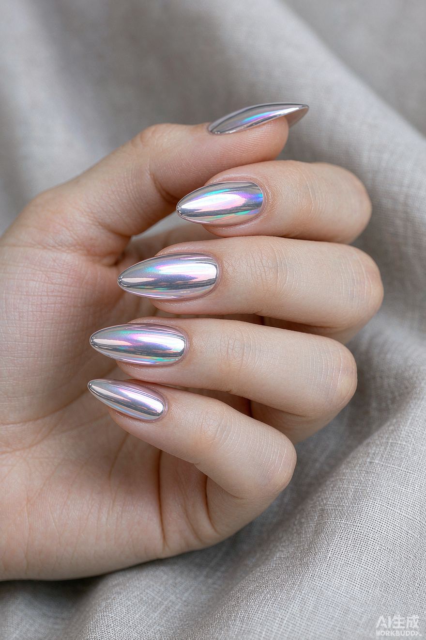 Holographic rainbow chrome almond nails with smooth mirror finish