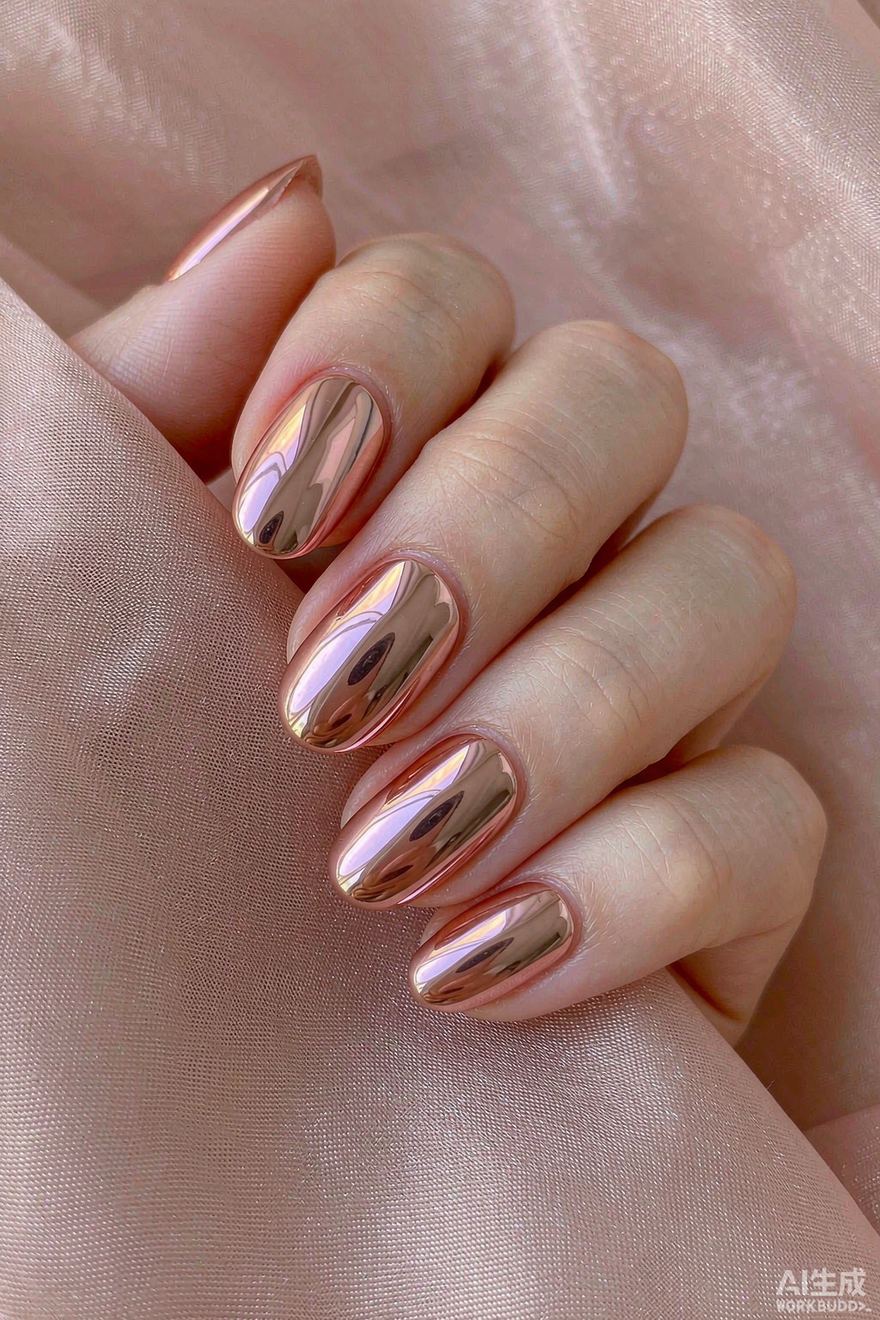 Rose gold chrome oval nails with glossy metallic finish