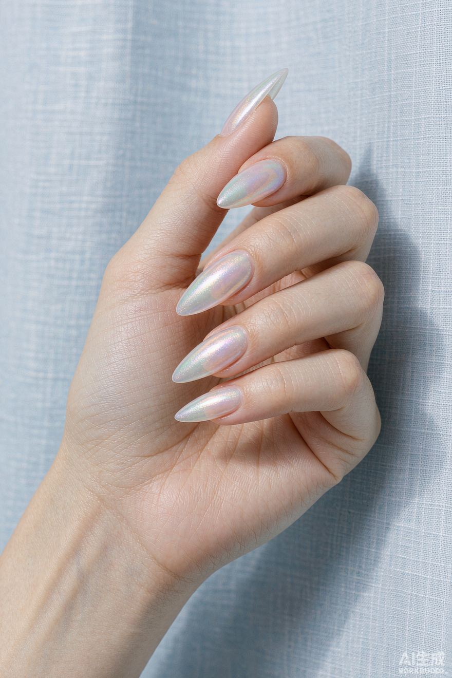 Opal aurora iridescent flake almond nails in mint lilac and peach