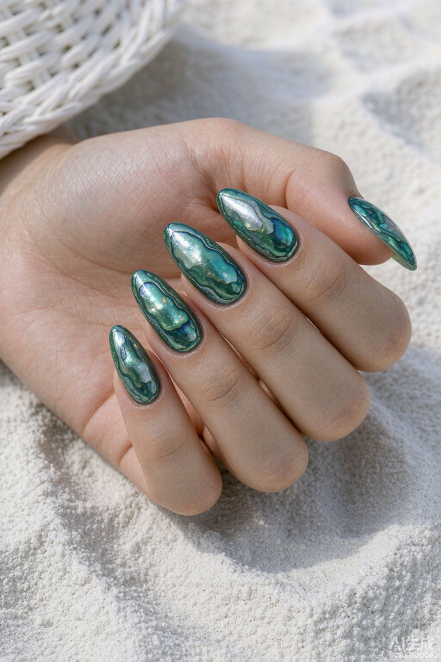 Mermaid paua shell iridescent almond nails in deep teal