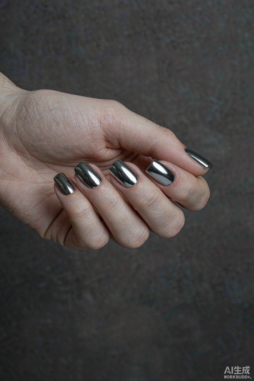 Dark gunmetal chrome short square nails with graphite sheen