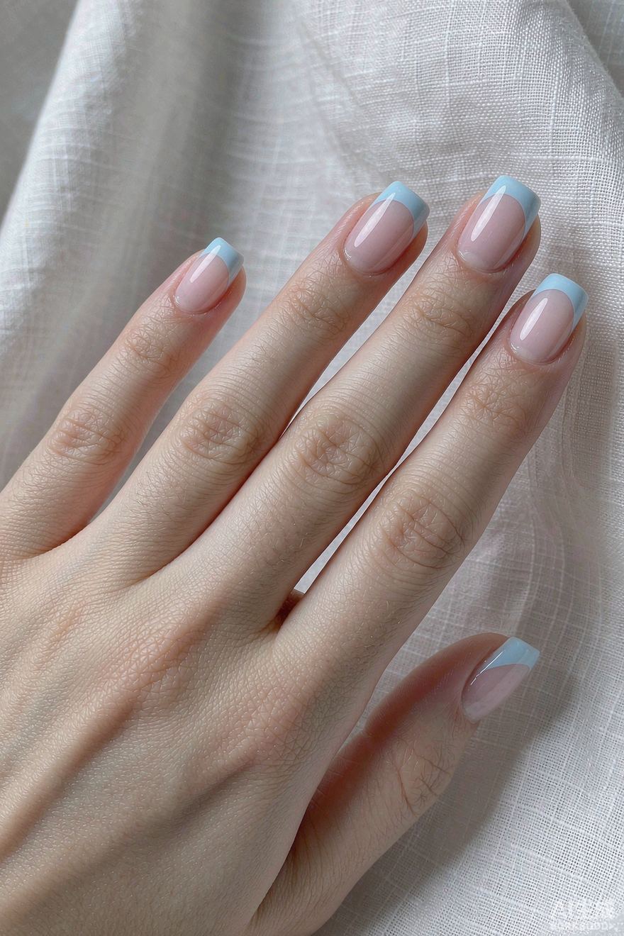Short square nails with crisp baby blue French tips