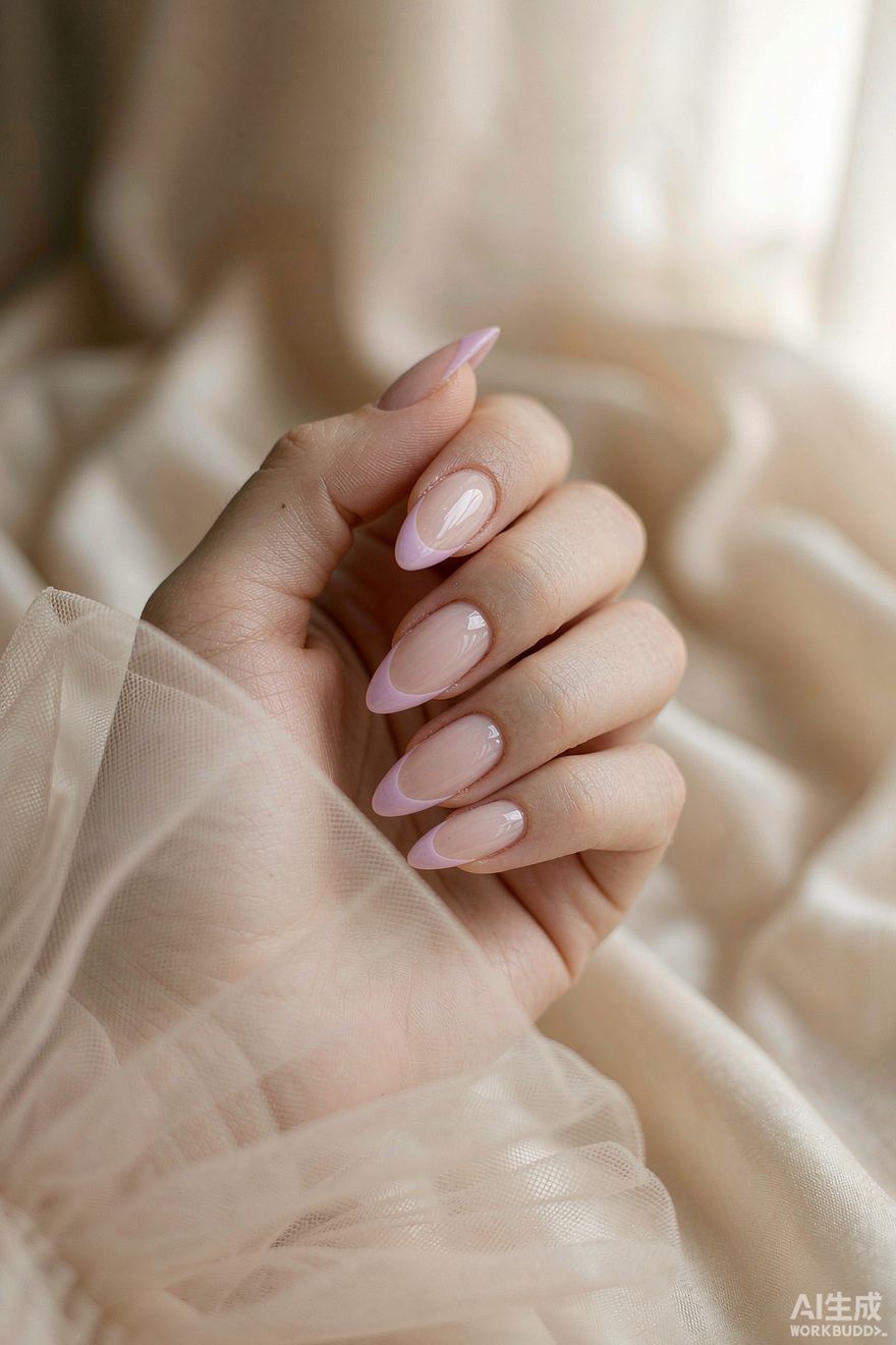 Almond nails with soft lilac French tips over milky nude