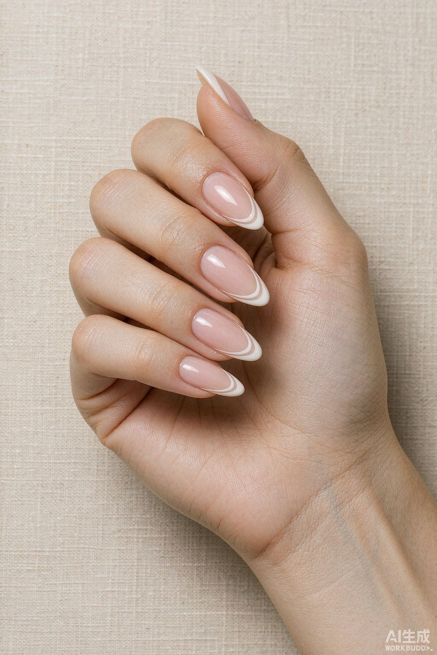 Almond nails with double French tips, two thin white lines