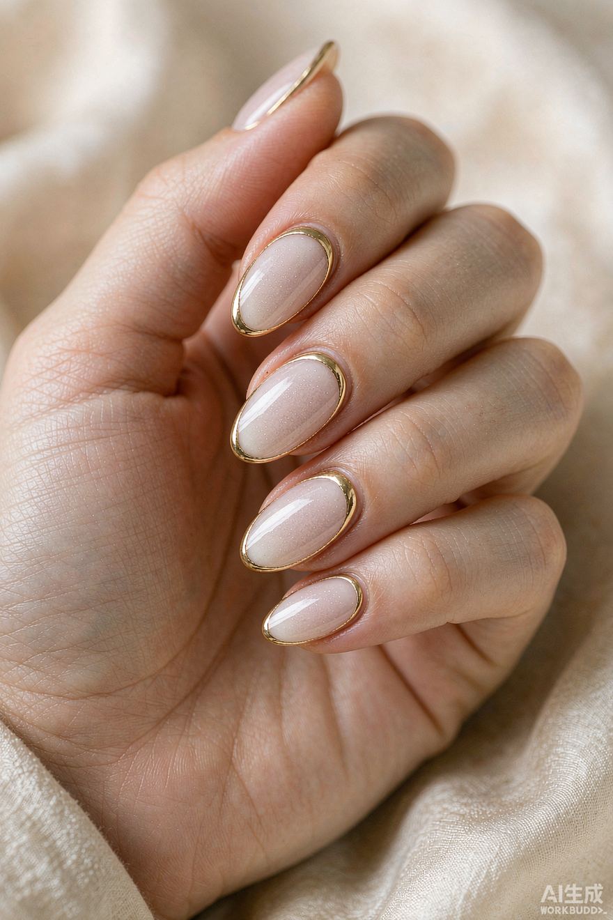 Oval nails with thin gold outline French design on sheer milky base