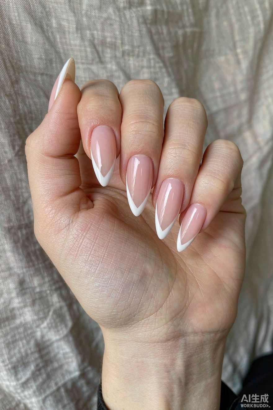 Almond nails with deep V-shaped French tips