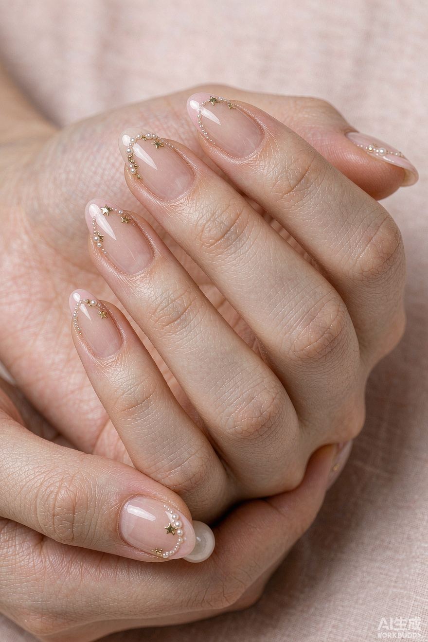 Short almond nails with micro French tips, gold star charms and pearls