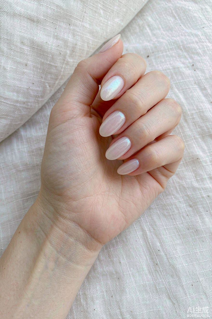 Bubble bath oval nails in milky translucent pink with fine shimmer