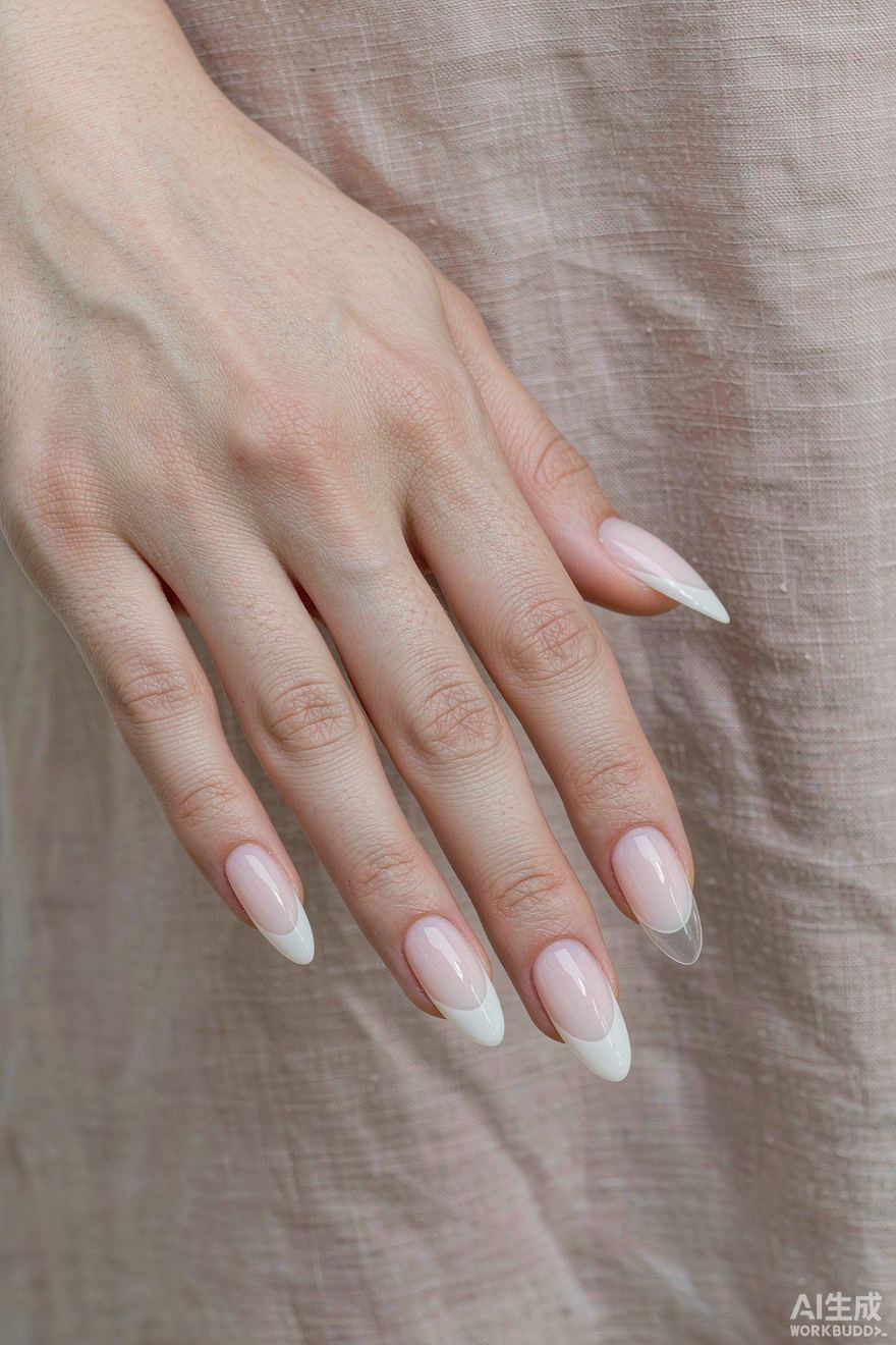 Negative space half moon oval nails in sheer milky pink