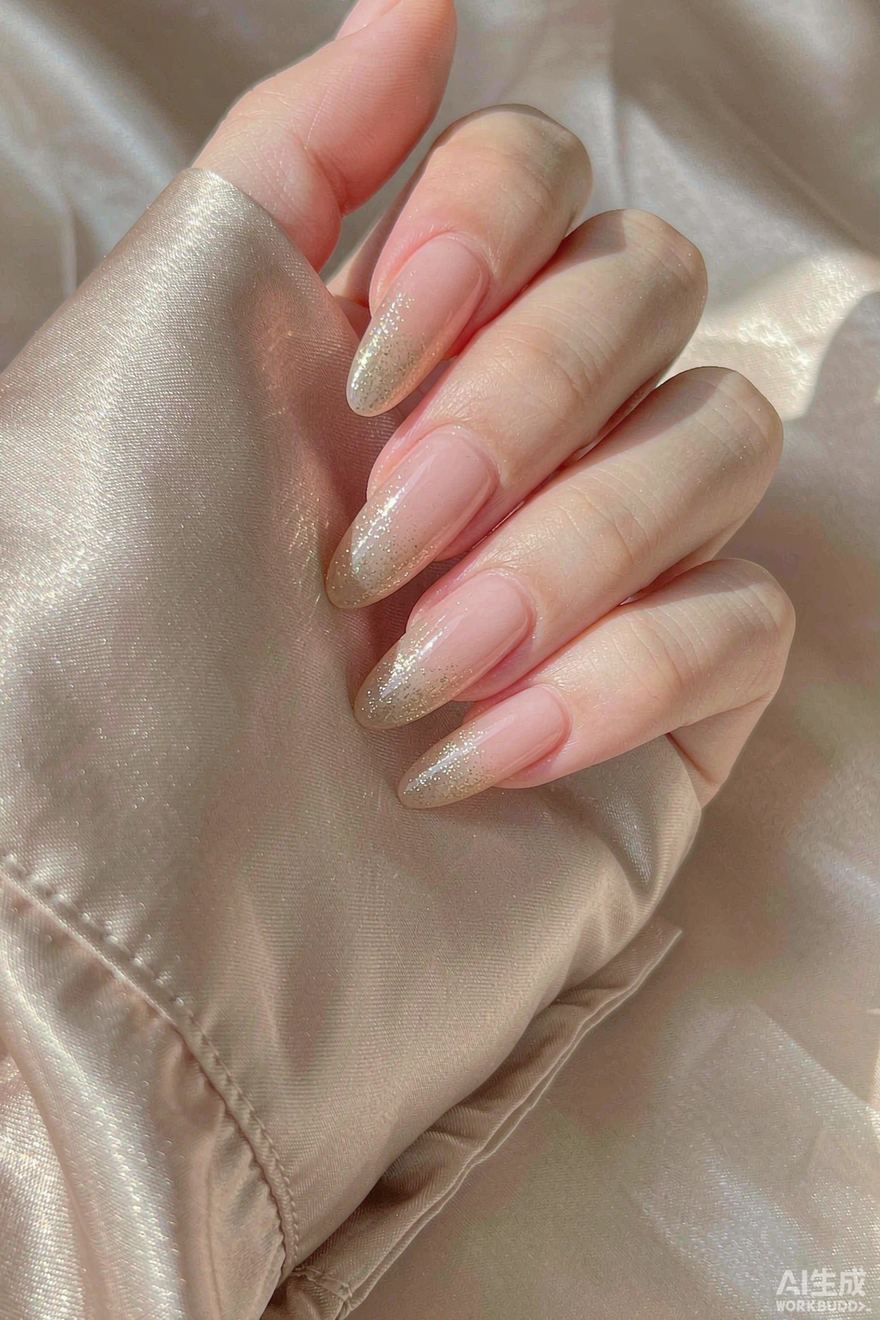 Oval nails in subtle shimmering nude gradient with fine glitter