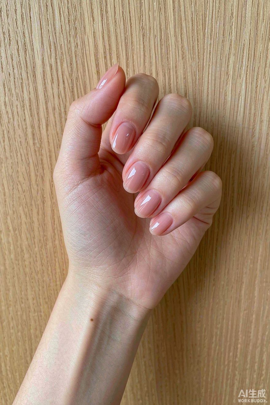 Classic short round sheer nude nails, natural office-friendly look