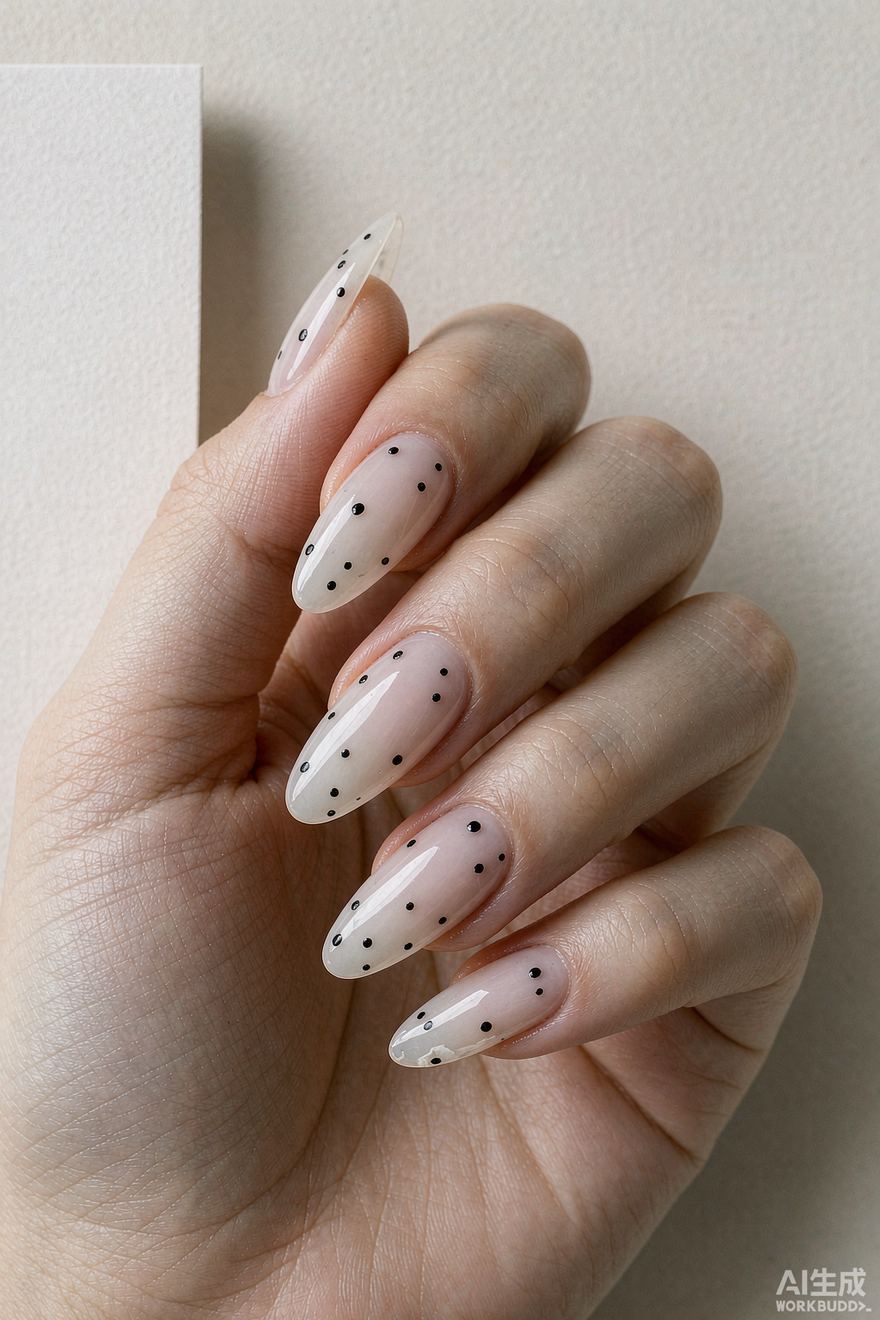 Almond nails with tiny scattered black micro dots on sheer milky base