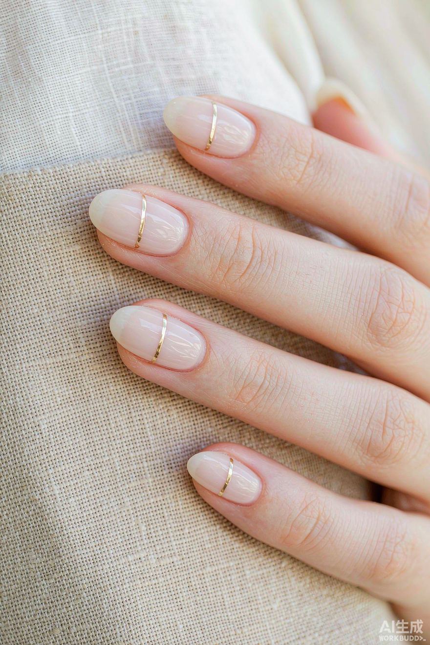 Oval nails with sheer milky white base and single vertical gold stripe