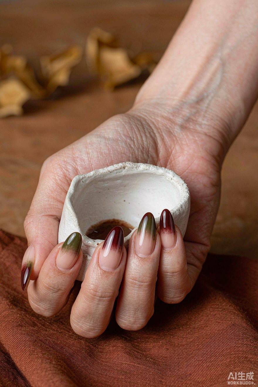 Almond nails in autumn ombre, olive green fading to burgundy
