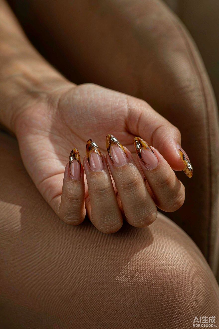 Tortoiseshell pattern almond nails in amber and dark brown