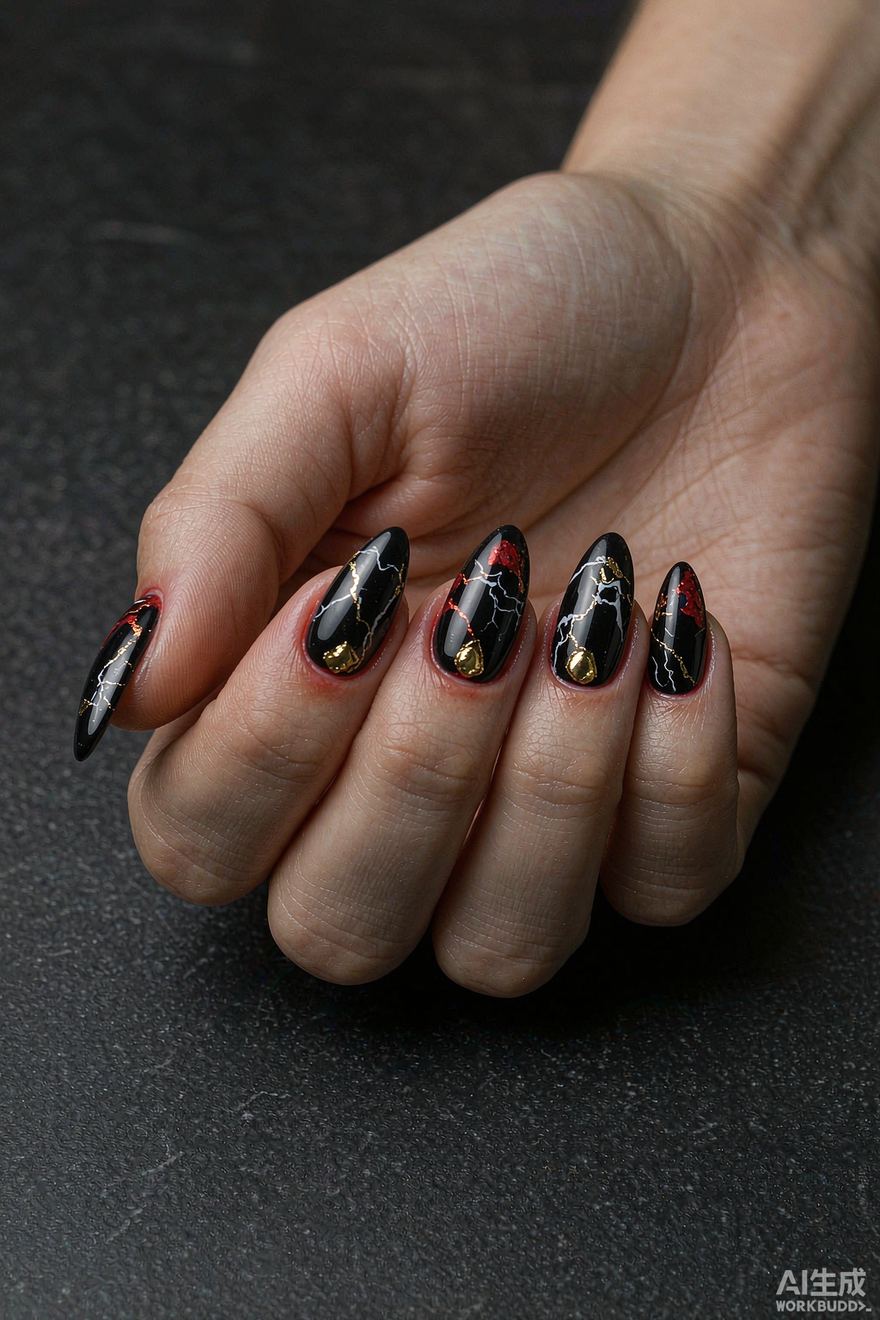 Black marble almond nails with white and gold veining