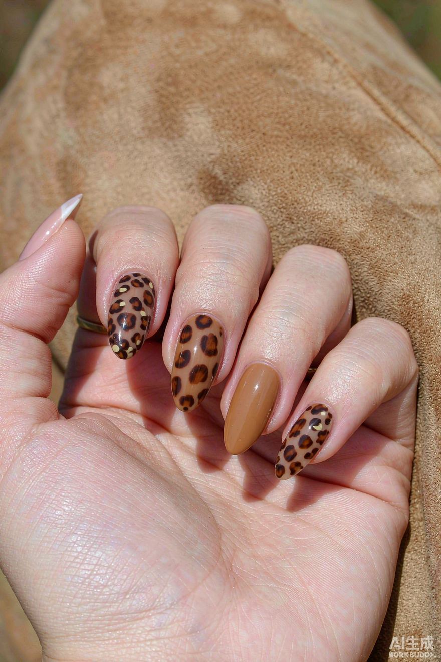 Leopard print accent nails in tan and dark brown with solid caramel