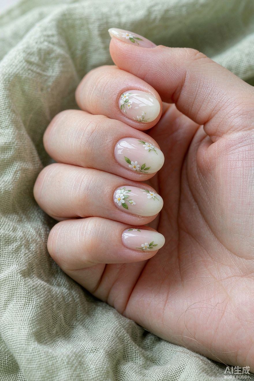 Oval nails with delicate hand-painted tiny floral sprigs on milky base