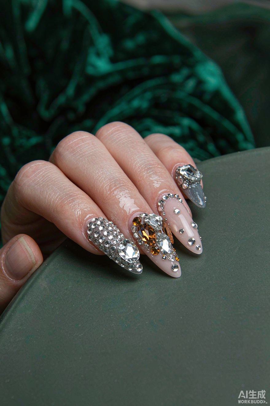 Full glam almond nails covered in sparkling rhinestones and crystals